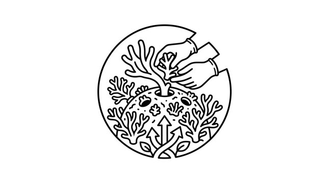 Creative Black and White Line Art of Broken Plate with Marine Life and Growth Arrows with high quality professional line art symbols for modern creative design and digital branding projects
