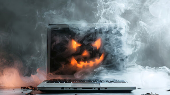 Scary jack o lantern face appears through smoke on laptop screen with carved pumpkin face screen surrounded swirling smoke laptop glowing illumination