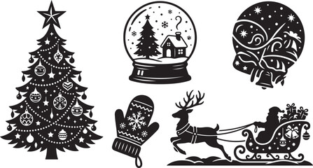 Set of black and white christmas icons with tree snow globe reindeer sleigh and winter mitten © Mostafizur