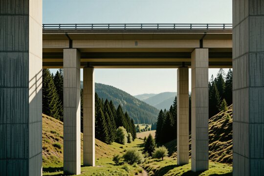 Concrete bridge supports frame landscape of green valley with pine forest mountains. Modern highway structure crosses rural countryside terrain under bright sky. Geometric engineering view provides
