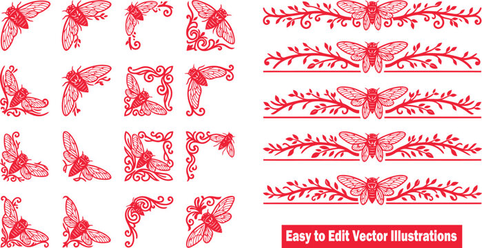 Set of decorative corner and border elements with cicada insect motifs