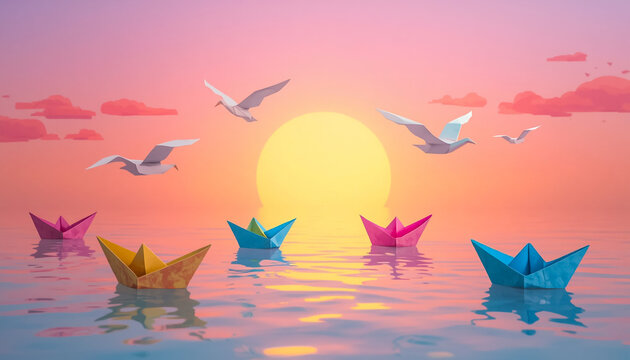 Colorful origami paper boats on water. Floating paper ships at sunset with flying birds.