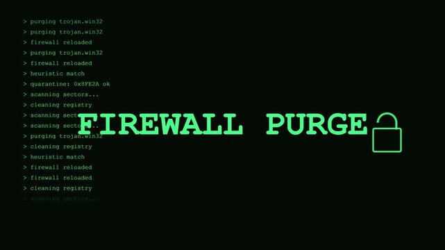 Firewall purge digital security system interface with cyber threat removal and malware quarantine process animation 4k