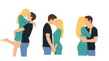 Fototapeta premium Three young romantic couples kissing and hugging in various lovely poses isolated on a clean white background.
