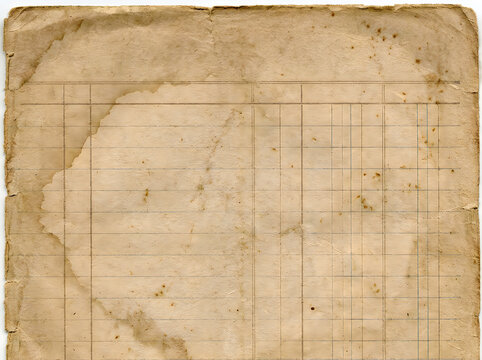 Aged ledger paper texture. Vintage stained document background with grid lines.