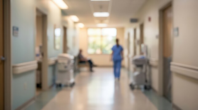 Blurred hospital corridor background medical healthcare clinic hallway nursing home interior facility emergency room treatment center