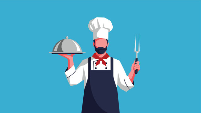 Professional handsome cartoon chef in white hat and uniform holding a silver cloche platter and giant meat fork.