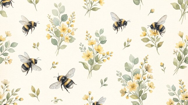 A charming watercolor seamless pattern featuring fluffy bumblebees buzzing around delicate yellow flowers and soft green foliage on a cream background.