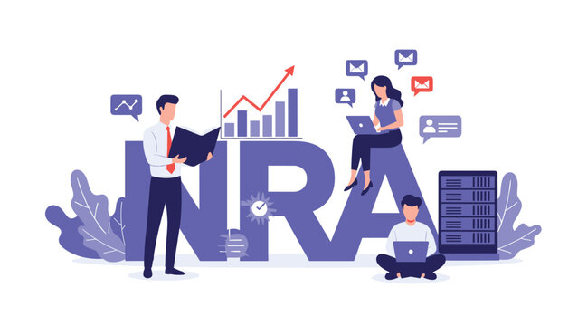 Financial business concept flat illustration showing people working around the letters of the acronym nra on laptops.
