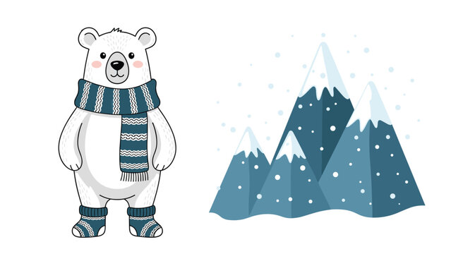 Cute cartoon polar bear wearing a warm winter scarf and matching socks standing in front of snowy mountain peaks.