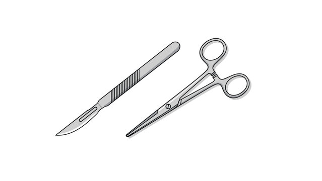 Surgical scalpel and medical forceps instruments isolated on white background, essential tools for surgery and healthcare.