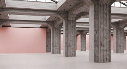 Naklejka premium Modern Brutalist Architecture Interior with Large Concrete Columns and Pink Wall