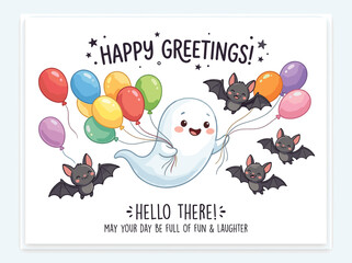 Happy greetings from ghost and bats holding colorful balloons with fun message for your day © Bro_Nuel 88