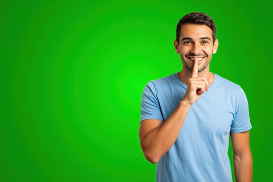 Man in blue t-shirt smiles gesturing silence with finger to lips against green studio background. Young person makes hush quiet sign asking for secrecy. Adult male model poses making shush gesture.