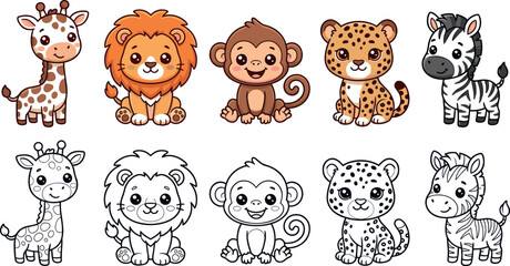 Adorable wild safari animal icons set with colorful cartoon version and coloring page line art isolated on white background vector graphic © Lili Begum
