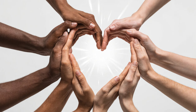 Diverse hands forming a heart shape. Multi-ethnic group showing unity and love.