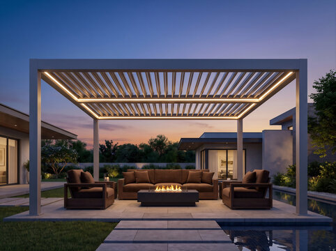Modern louvered pergola with integrated LED lighting sheltering outdoor lounge sofa and fire pit at twilight in luxury backyard for landscape architecture and real estate marketing background