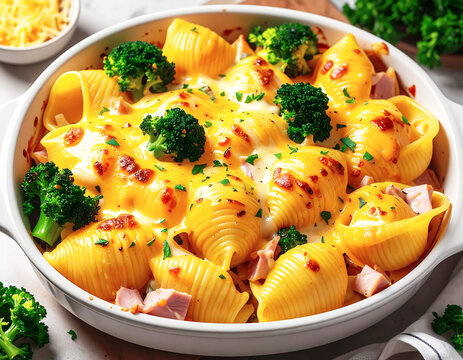 Cheddar cheese sauce on pasta shells with ham and broccoli. AI
