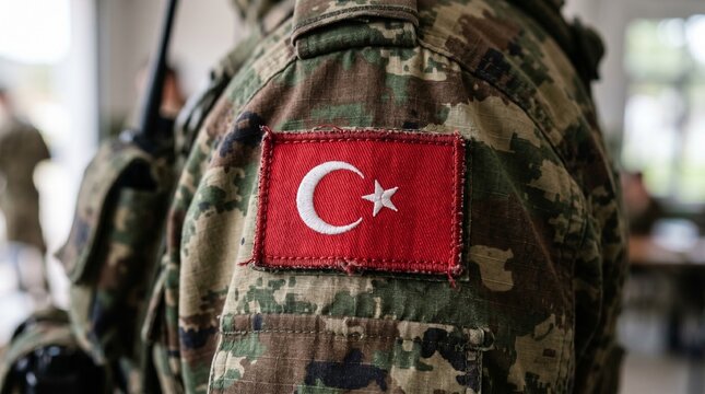 Close-up of a Turkish flag patch on a soldier's camouflage uniform.