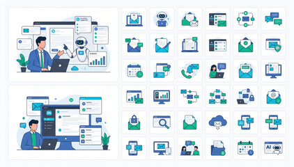 Fototapeta premium Business Artificial Intelligence Collaboration and Software Vector Icon Collection for Digital Solutions