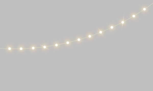 Realistic warm glowing string lights or Christmas fairy light garland overlay with soft warm white illumination for festive party event celebration and home decoration on transparent background
