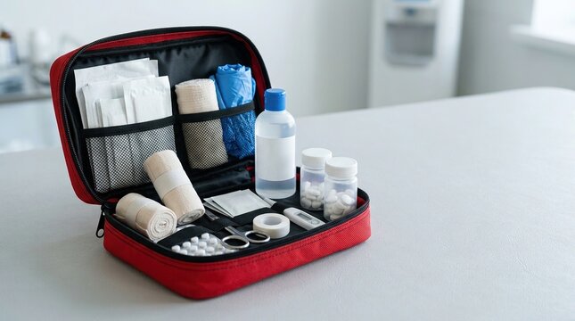 Open red first aid kit filled with various medical supplies, bandages, and medications on a clean white surface in clinic.