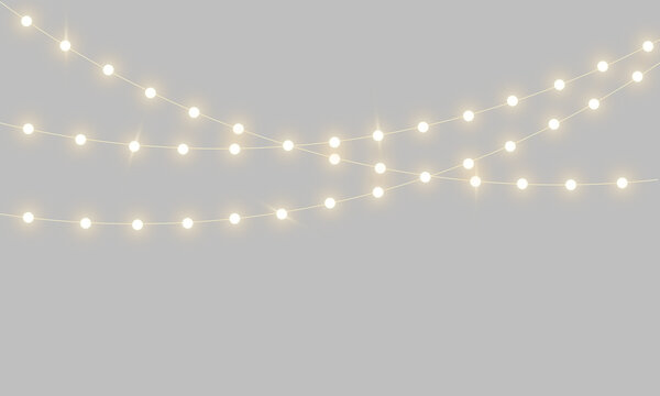 Realistic warm glowing string lights or Christmas fairy light garland overlay with soft warm white illumination for festive event celebration home party decoration on transparent background PN