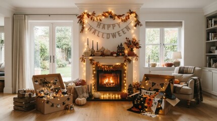 Obraz premium Cozy living room decorated for Halloween with a fireplace and festive autumn accents