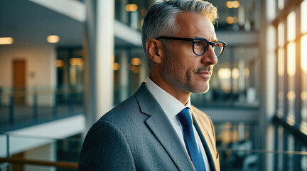 Fototapeta premium Mature businessman wearing glasses, grey suit stands inside modern glass office building. Successful middle aged executive looks away with confidence, authority. Pro manager works at urban corporate