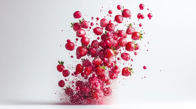 Exploding Strawberries, White Background, Food Photography, Juicy, Refreshing