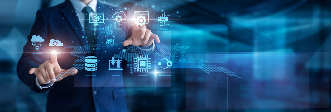 Software developer coding integrations. Hands touching illuminated keyboard building API connections. Global platforms linking multiple business frameworks seamlessly. Fast tech solutions.