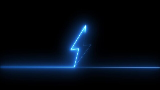 Abstract blue neon battery charging icon animation on black background. Glowing lightning bolt and battery energy icon, futuristic charging animation.