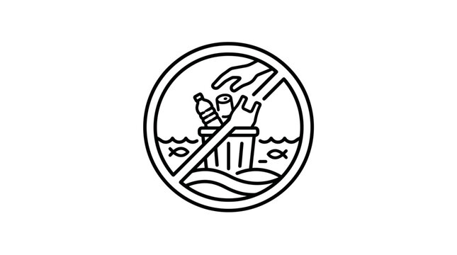 Dynamic Black and White Line Art Logo of Person Fishing with Bottles and Fish Symbols in Circular Seal