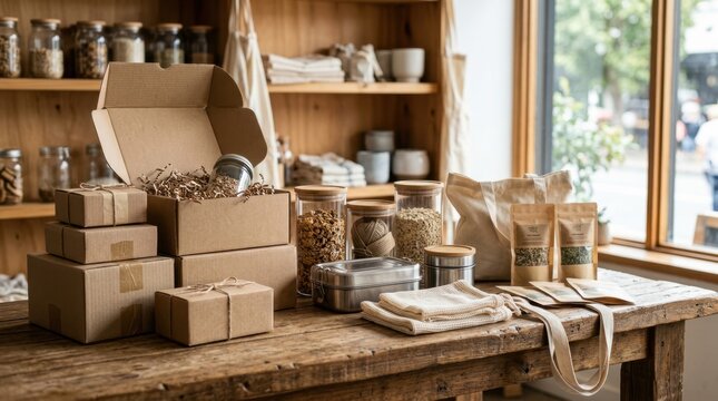 Zero waste products and packaging on a rustic wooden table