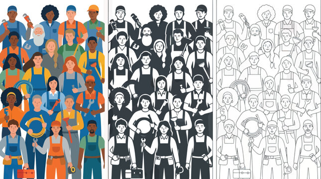 Diverse Team of Skilled Workers Holding Tools, Cartoon Style - Full Color, Silhouette, and Outline Versions