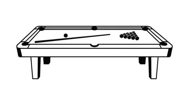 Billiard table with balls and cue black and white silhouette