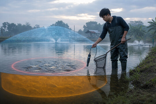 Fish farmer checking pond oxygen