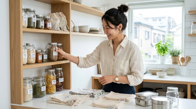 Woman organizing pantry with glass jars and reusable bags for sustainable living
