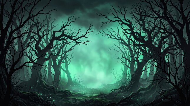 Halloween (USA top-market) day 2026 abstract background new Mysterious forest scene with bare trees under eerie green glow illustration