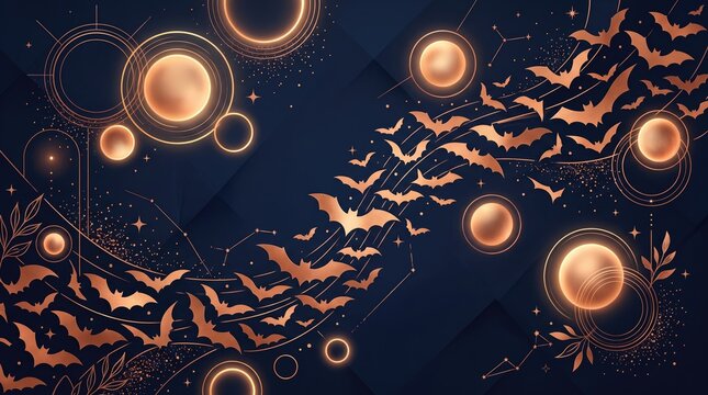 Halloween (USA top-market) day 2026 abstract background new Flying bats swarming around glowing full moons in dark night sky illustration