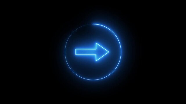 Abstract glowing right directional arrow icon with neon light effect. Neon arrow animation showing left to right movement. blue neon arrow and circular glow on a black background.