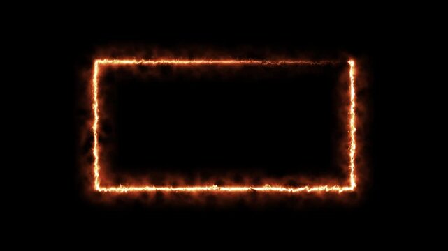 Fire neon rectangle frame animation with glowing flame border on black background. Seamless loop flame light effect.