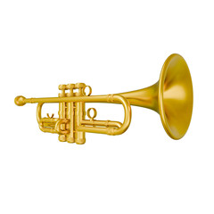Fototapeta premium Shiny golden trumpet musical instrument isolated on a white background, brass wind instrument with valves and mouthpiece for music isolated on a transparent background