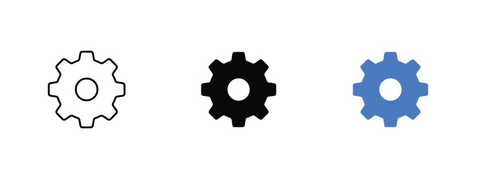 Gear icons in three variations featuring line solid black and bright blue styles cog cogwheel setting settings mechanism