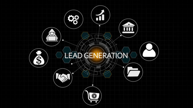 Digital infographic featuring the word lead generation at the center surrounded by circular representing business, finance, banking, technology, and shopping cart symbols on a dark background