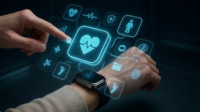 Person wearing smartwatch with glowing healthcare interface and medical monitoring data
