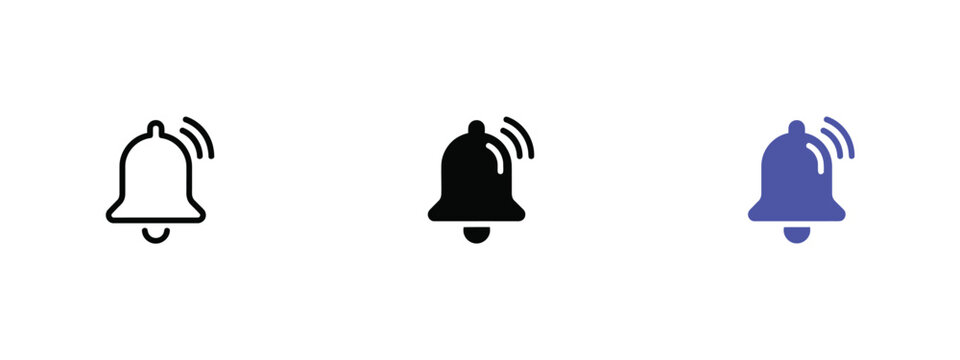 Bell Icon Set In Three Variations Featuring Line Solid And Gradient Styles alert notification signal chime ringer sound