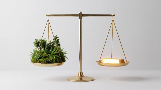 Scales of justice balance a lush green plant on one side against a glowing gold bar on the other.