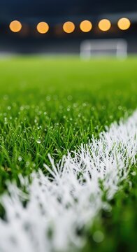 Close-up macro view of lush green grass on a professional sports pitch with a white painted line and soft blurred stadium lights background, match, texture, line