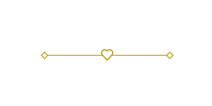 Gold decorative line divider with a heart and diamond shapes isolated on transparent background